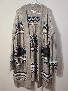 Natural Reflections Sz XL Oversized Beige Patterned Open-Front Cardigan